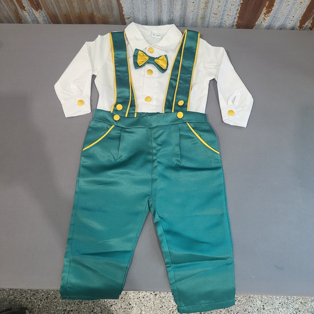 New Baby Boys Teal White Baptism Wedding Formal Suit Set 9-12M Bow Tie